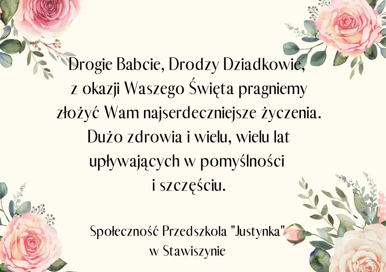 Wzruszające życzenia świąteczne dla babci i dziadka od przedszkolak&oacute;w. R&oacute;żane ozdoby dodają ciepła.