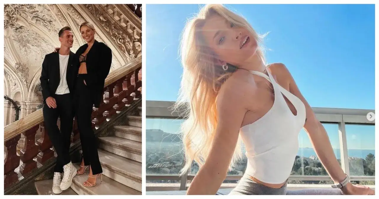 Agata Sieramska wiek. Para na schodach w eleganckich strojach i kobieta w białym topie na tle nieba.