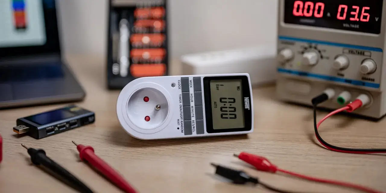 Zegar czasowy z gniazdem i przyciskami do ustawienia, obok zasilacz laboratoryjny i laptop.