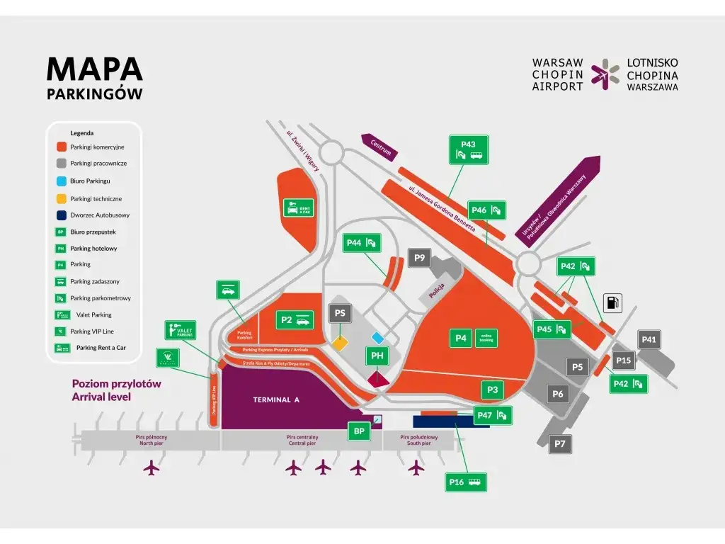 Mapa Lotniska Chopina z oznaczeniem przystank&oacute;w i postoj&oacute;w taxi