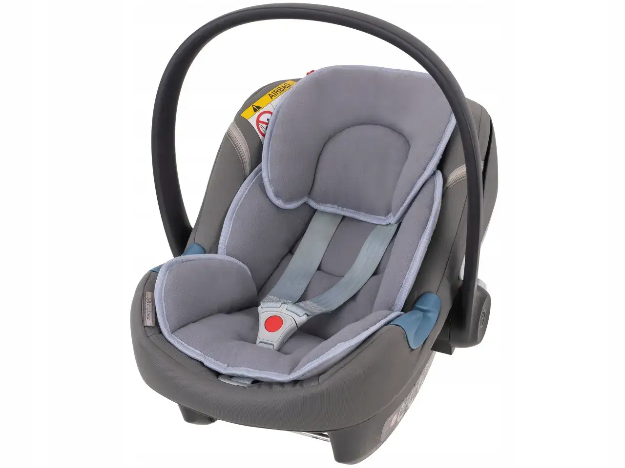 Szara wkładka do nosidełka z pasami bezpieczeństwa i zagł&oacute;wkiem. Miękki materiał zapewnia komfort maluchowi.