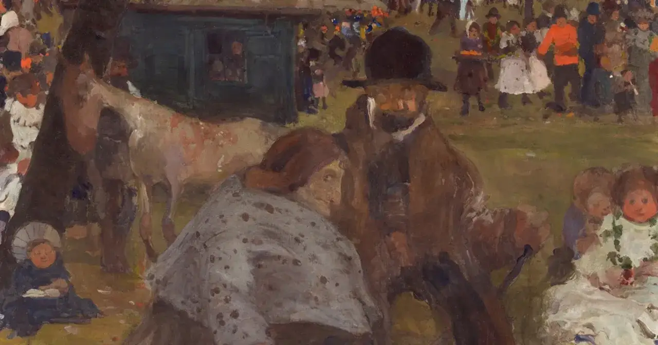 Ludzie na jarmarku, koń, dzieci. Scena oddaje motyw tradycji w literaturze, ukazując życie codzienne i obyczaje.