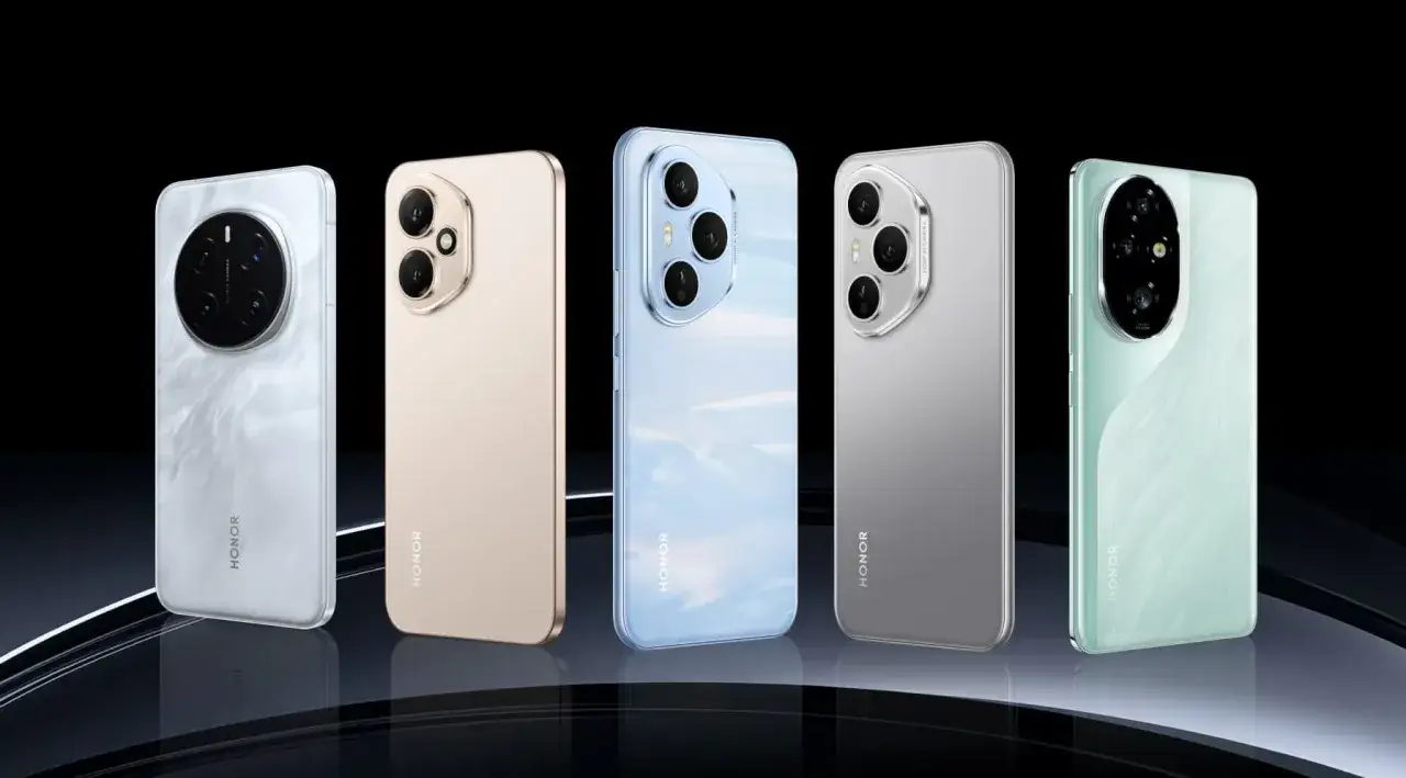 Pięć smartfon&oacute;w Honor w r&oacute;żnych kolorach, z okrągłymi modułami aparat&oacute;w.