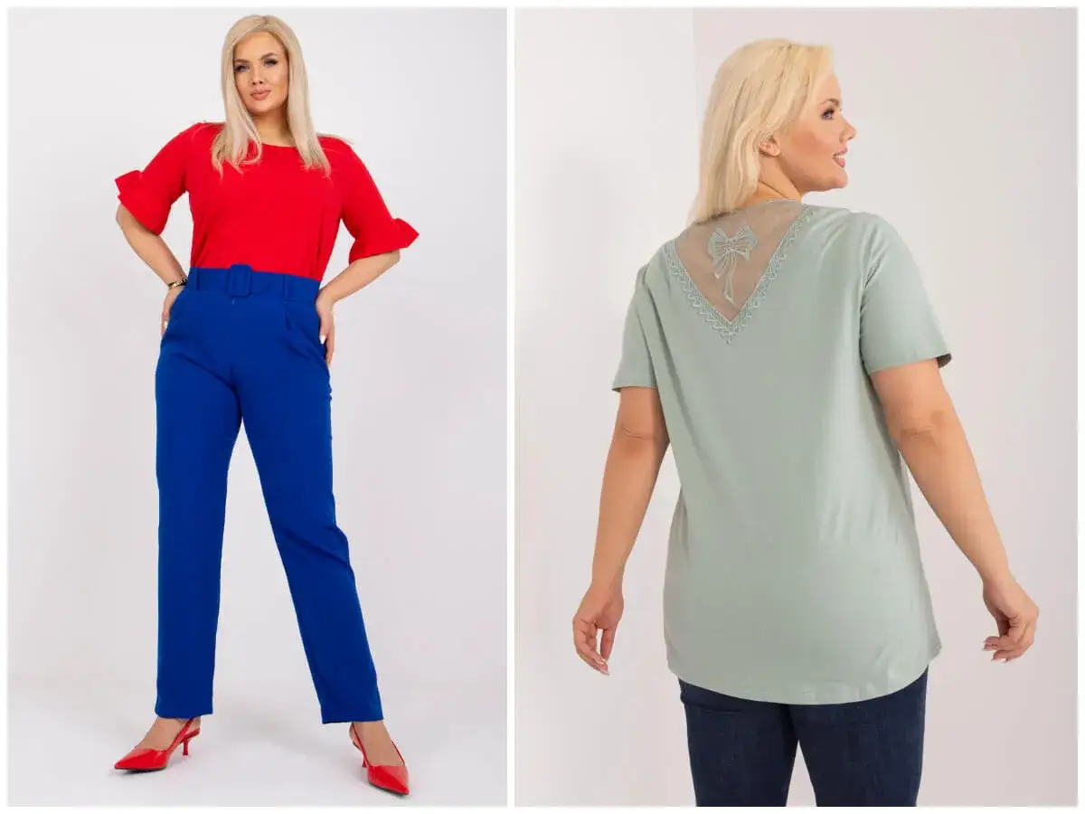 Eleganckie bluzki wieczorowe plus size: czerwona z falbankami i niebieskie spodnie z wysokim stanem; zielona z koronkową kokardką na plecach.