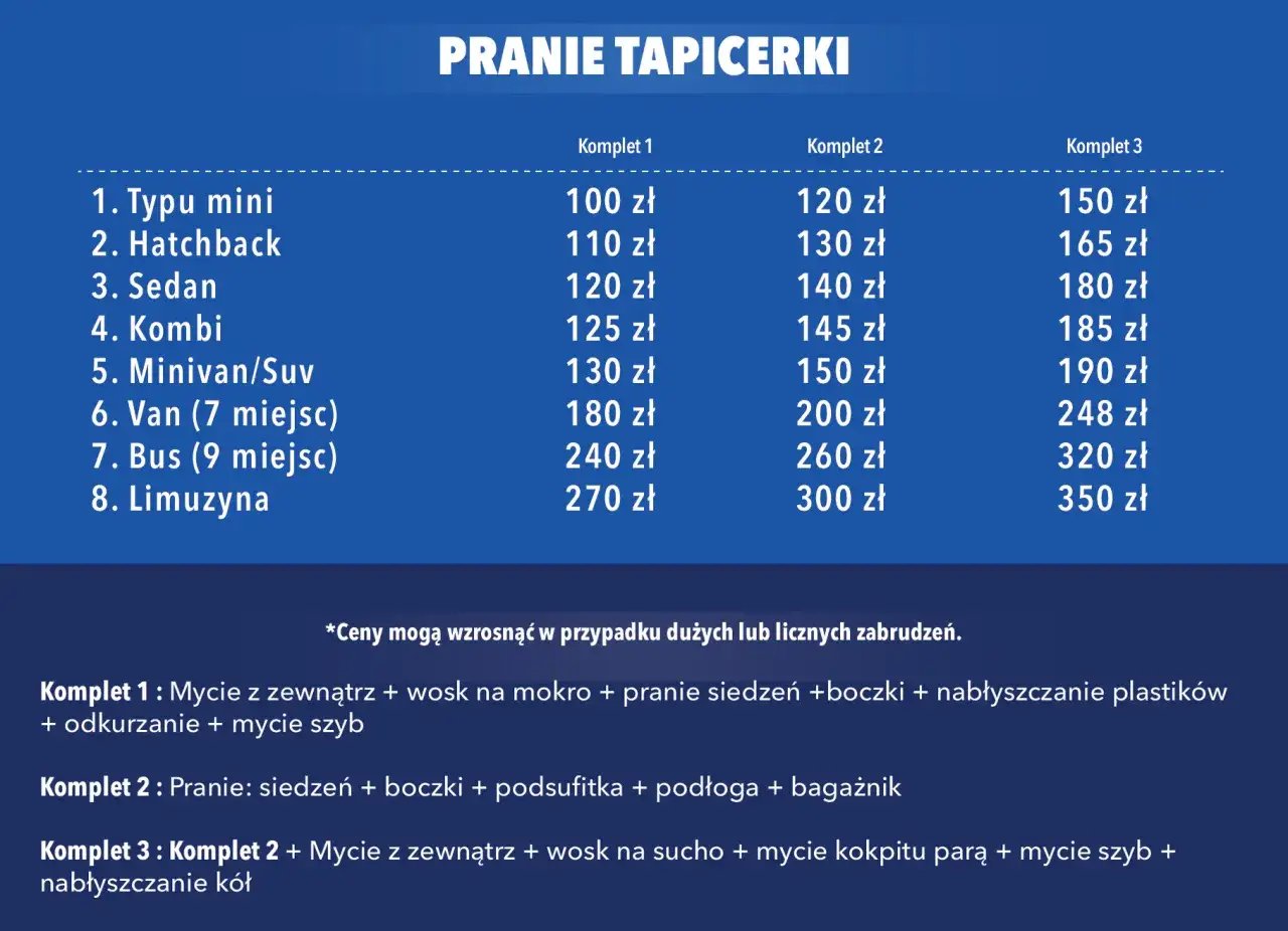 pranie tapicerki samochodowej cennik tabela