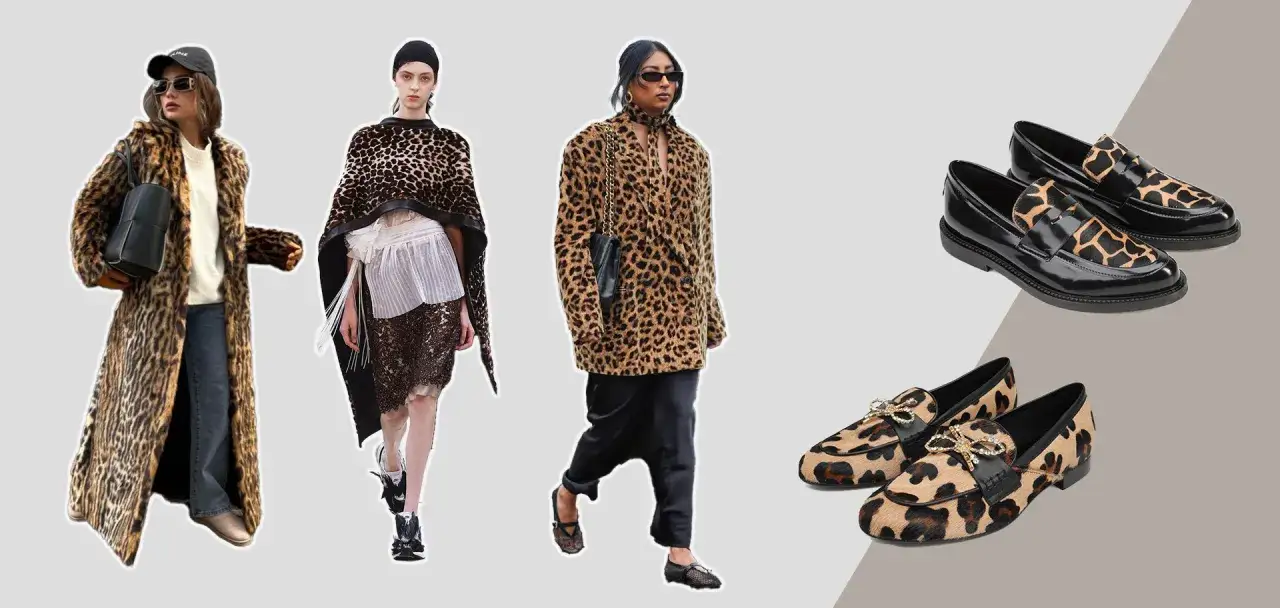 Kolekcja ubrań i butów w panterkę. Długi płaszcz, sukienka, marynarka i mokasyny w zwierzęce wzory.