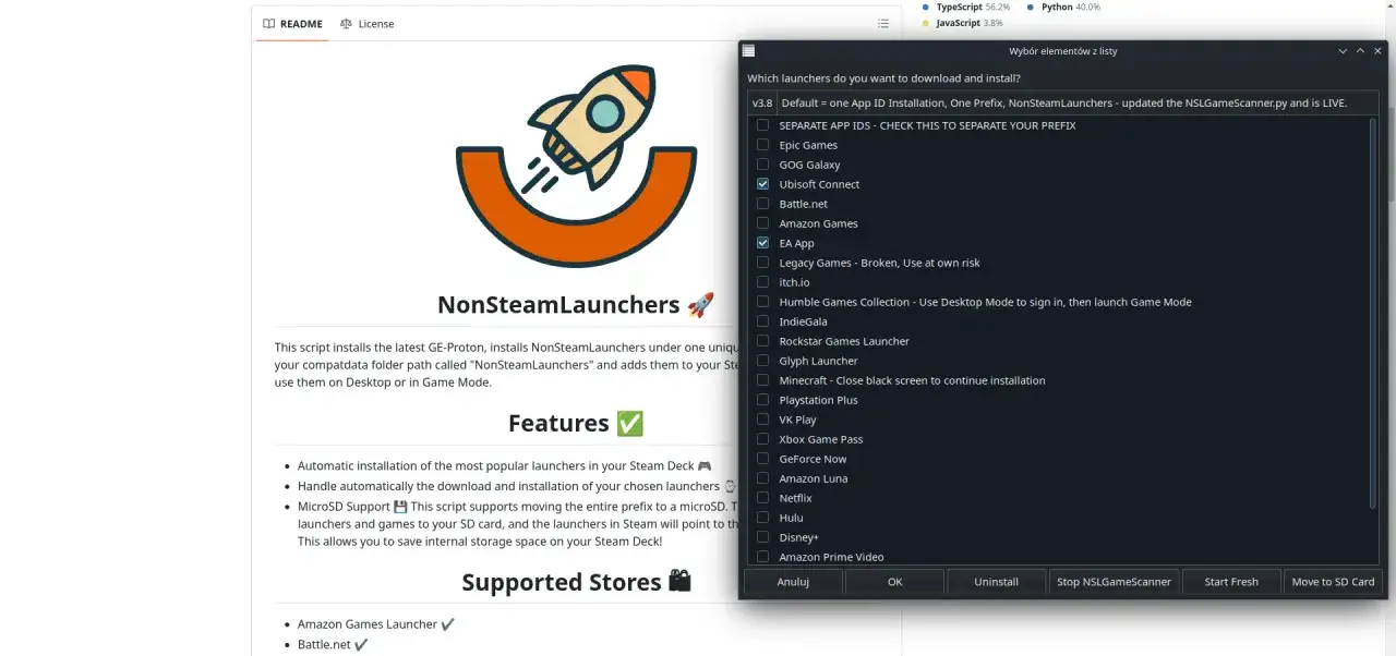 Wybierz launchery do pobrania, aby zainstalować gry na laptopie. Zaznaczono EA App i Ubisoft Connect.