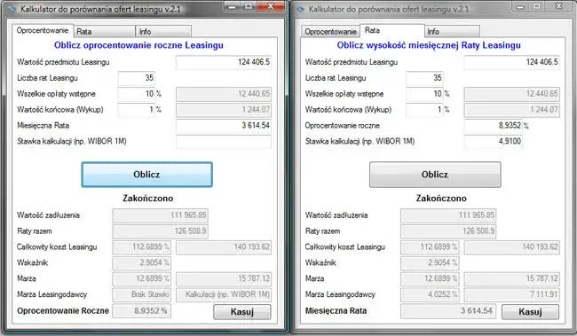 kalkulacja koszt&oacute;w leasingu koparki vs zakup