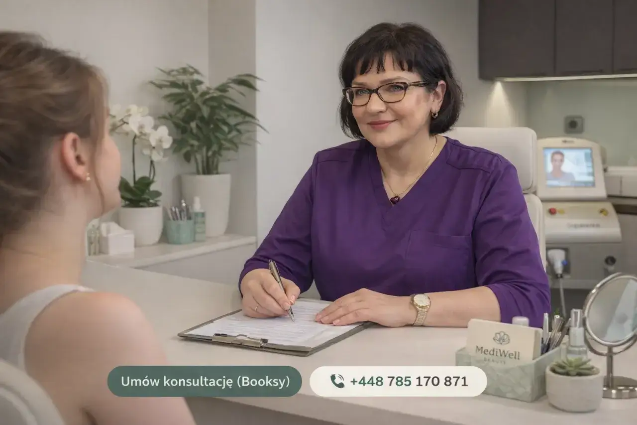 Lekarka omawia z pacjentką objawy źle zrobionego zastrzyku, zapisując informacje.