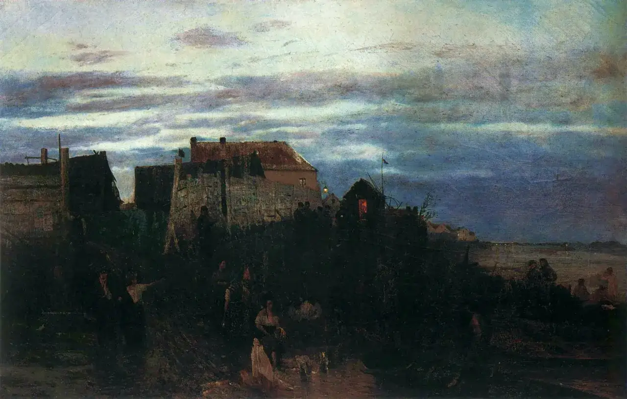 Mistrzowskie operowanie światłocieniem w malarstwie ukazuje mroczną noc nad miastem. Ludzie gromadzą się przy budynkach, gdzie widać ciepłe światło.