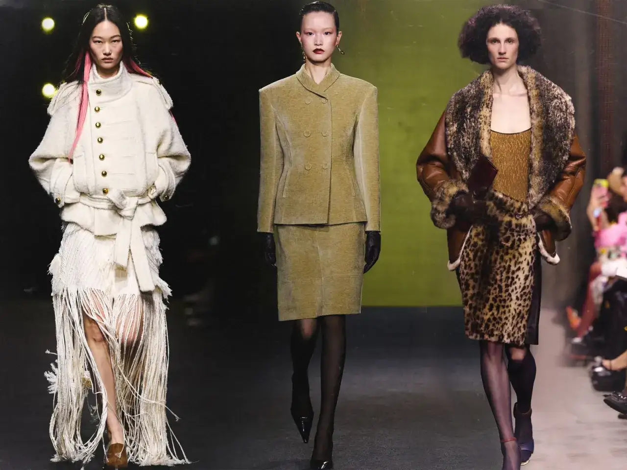 Trzy modelki prezentują kreacje od słynnych projektantów mody: biały, frędzlowy zestaw, oliwkowy garnitur i sukienkę w panterkę z futrzaną kurtką.