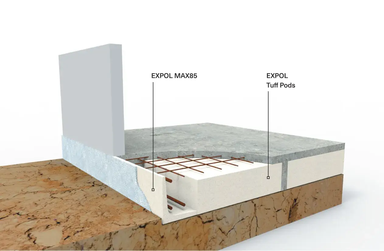 Przekrój posadzki garażowej z betonem, zbrojeniem i izolacją EXPOL Tuff Pods. Idealny wybór, jaki beton na posadzkę w garażu.