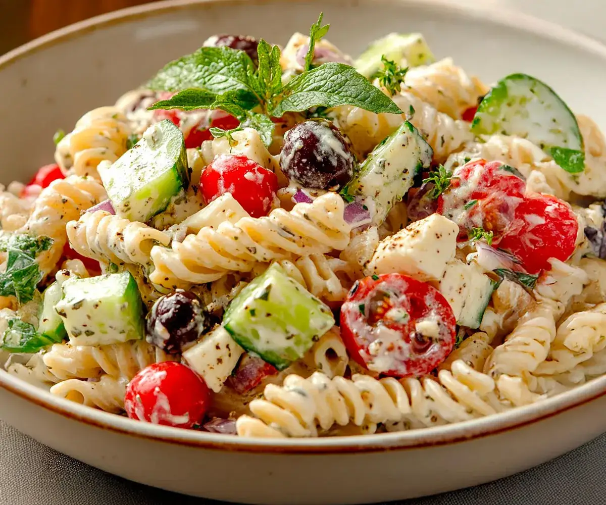 Salade de pâtes méditerranéenne avec feta et olives