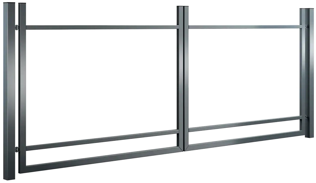 Nowoczesna brama wjazdowa dwuskrzydłowa z furtką, wykonana z metalu. Prosta, minimalistyczna konstrukcja.