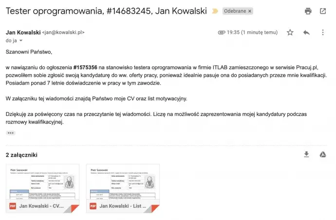 Profesjonalny email z CV przykład