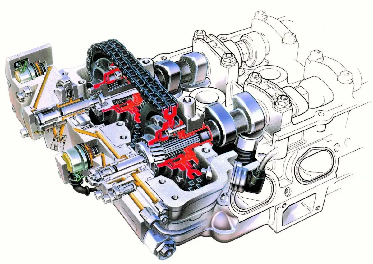 Przekr&oacute;j silnika z widocznym łańcuchem rozrządu i mechanizmem zmienna faza rozrządu.