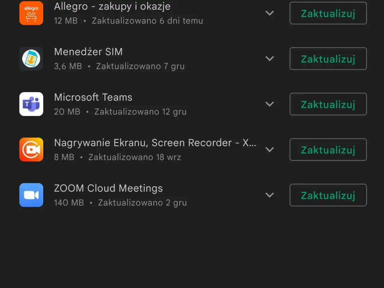 Lista aplikacji do aktualizacji na Androidzie: Allegro, Menadżer SIM, Microsoft Teams, Nagrywanie Ekranu, ZOOM. Kliknij 