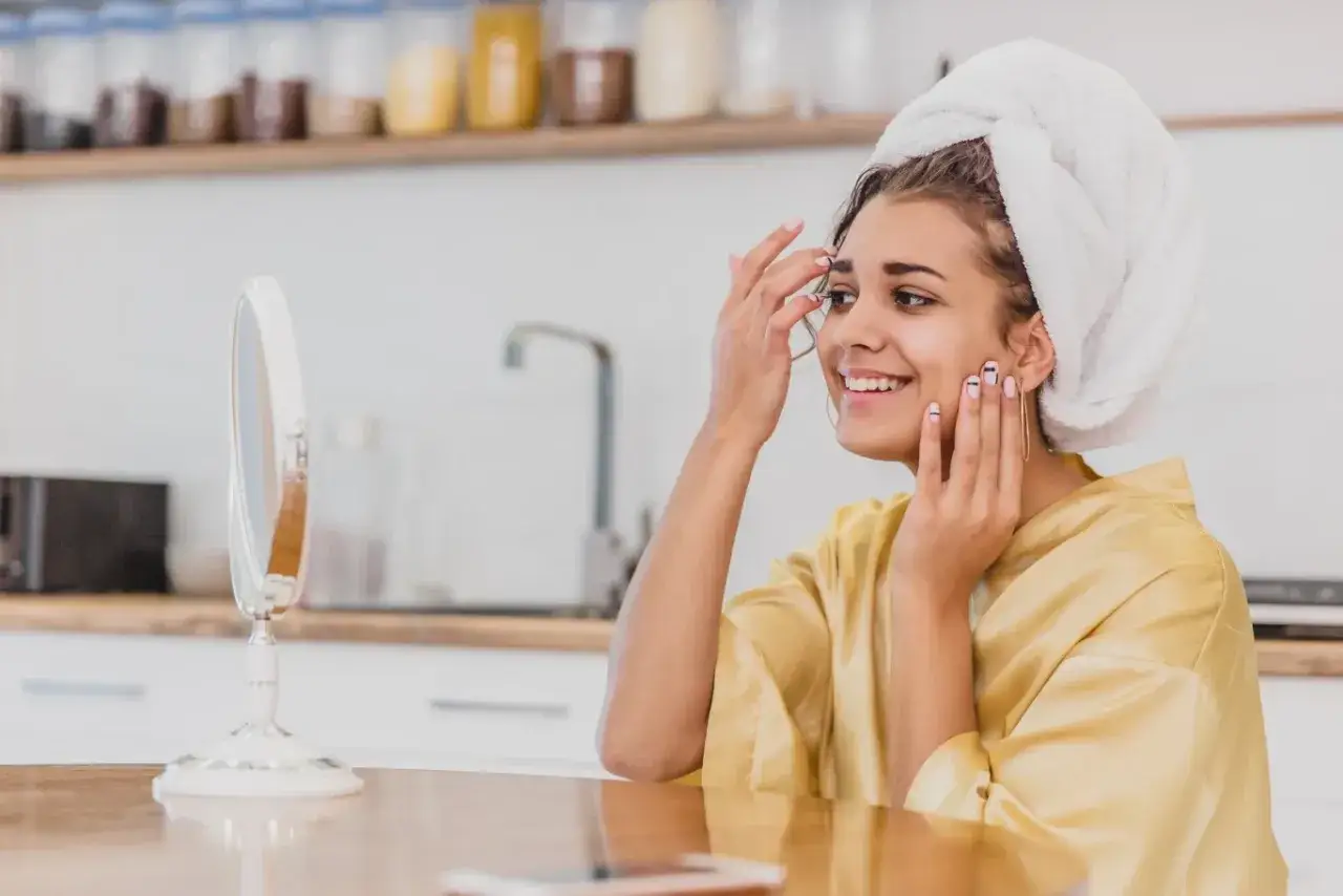 Uśmiechnięta dziewczyna z ręcznikiem na głowie poprawia makijaż przed lustrem. Jej twarz promienieje, a na dłoniach widać modny manicure.