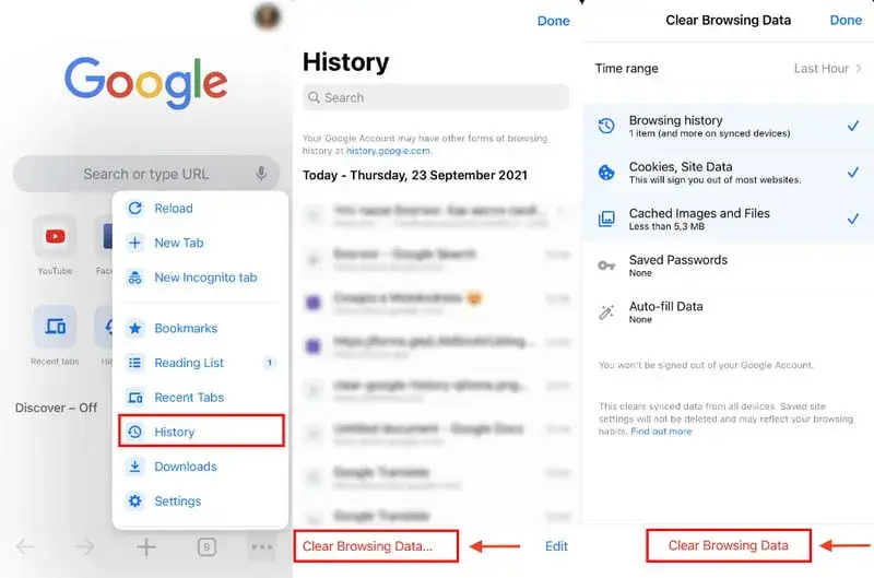 iPhone Google Chrome usuwanie danych przeglądania