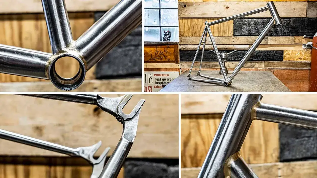 Szczeg&oacute;ły ramy rowerowej. Czy to rower stalowy czy aluminiowy? Widać spawane połączenia i narzędzia.