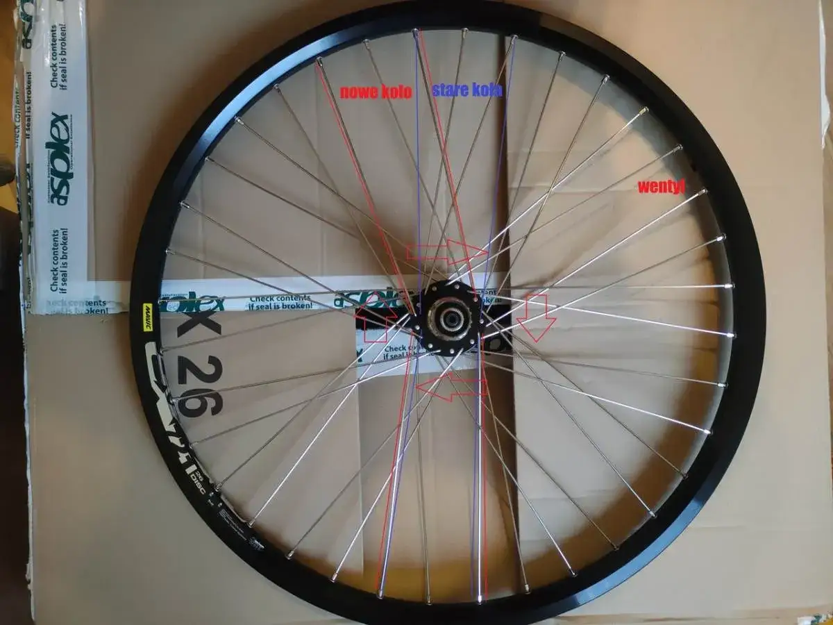 Koło rowerowe 36 szprych, z zaznaczonymi nowymi i starymi szprychami oraz wentylem.