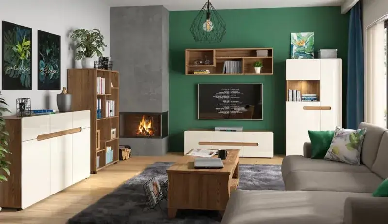 Wnętrza z zielonymi meblami i odważnymi połączeniami kolorystycznymi