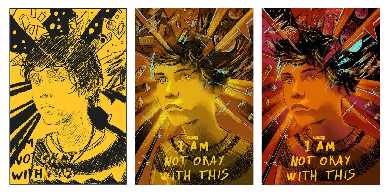 Młoda osoba z burzą myśli nad głową. Widać, że to nie jest ok. Napis 