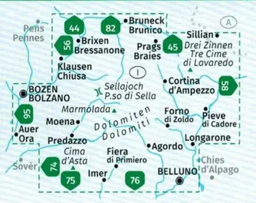 Mapa Dolomit&oacute;w z zaznaczonymi atrakcjami