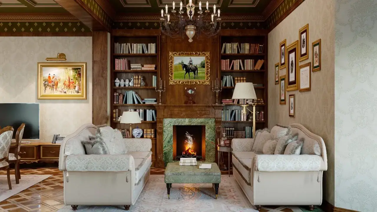 Przytulny salon w stylu angielskim. Dwie kanapy, kominek z palącym się ogniem, regały z książkami i obrazy tworzą atmosferę.