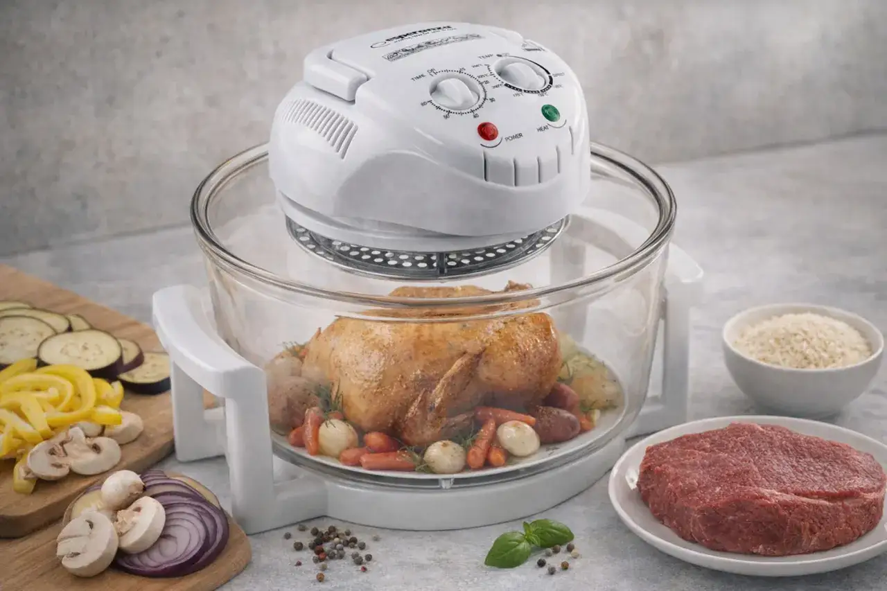 Kombiwar to urządzenie, kt&oacute;re pozwala upiec kurczaka z warzywami. Obok surowy stek i miseczka ryżu.