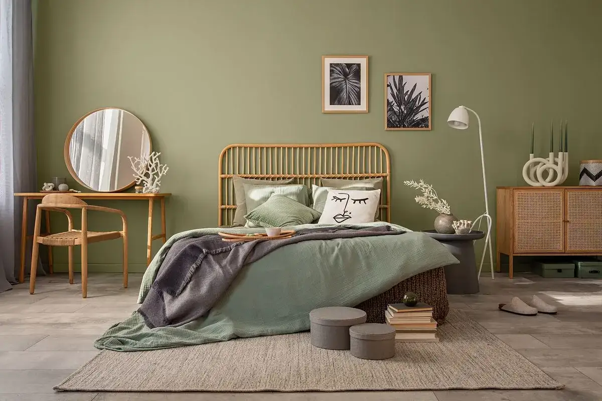 Sypialnia w odcieniu kolor szałwiowy, z wiklinowym zagłówkiem, lustrem i drewnianymi meblami.