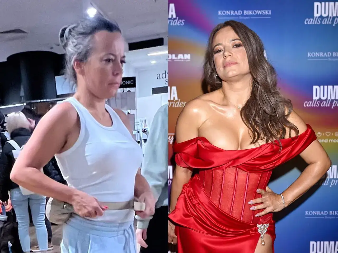Anna Mucha w białej bluzce i z siwymi włosami, obok w czerwonej sukni na ściance.