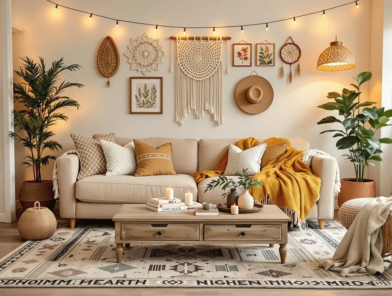 kurtyna świetlna salon boho