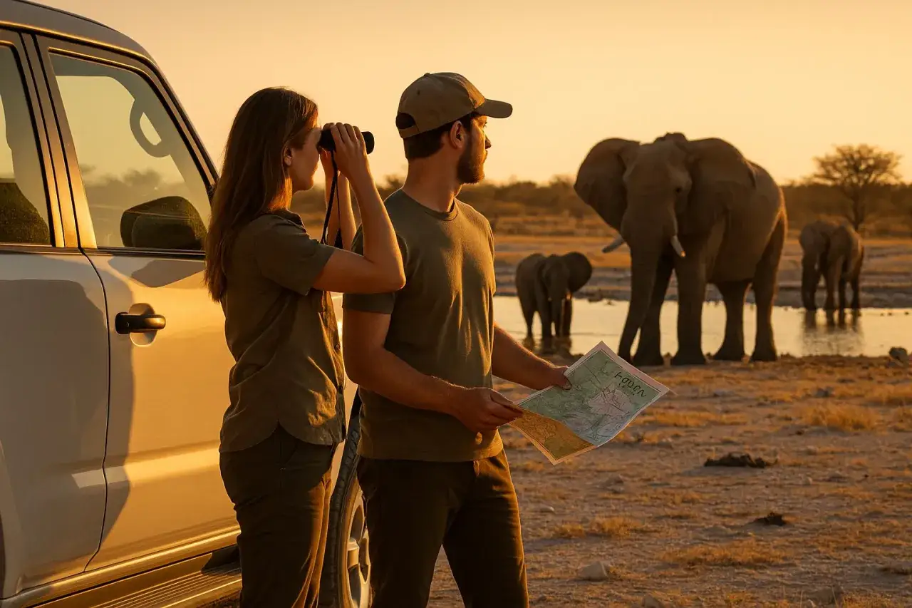 Para podróżników z mapą i lornetką obserwuje stado słoni w Namibii. Czy Namibia jest bezpieczna? Tak, podczas safari!