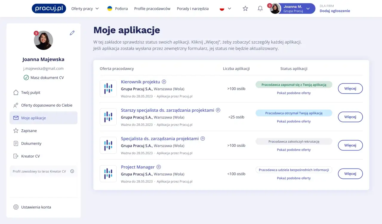 Pracuj.pl moje aplikacje status