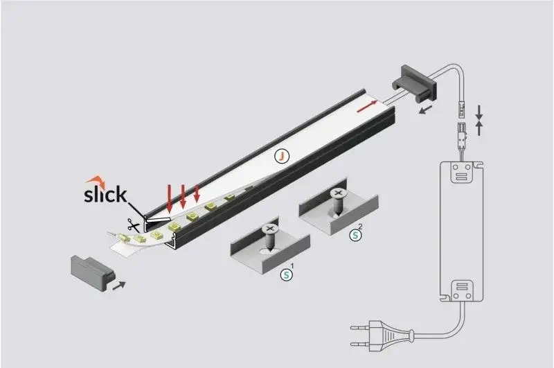 schemat montażu taśmy LED na ramie lustra