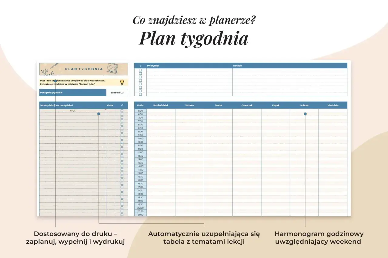 Planer tygodnia z polami na tematy lekcji, klasy i godziny. Pokazuje metody pracy w szkole, ułatwiając organizację nauki.