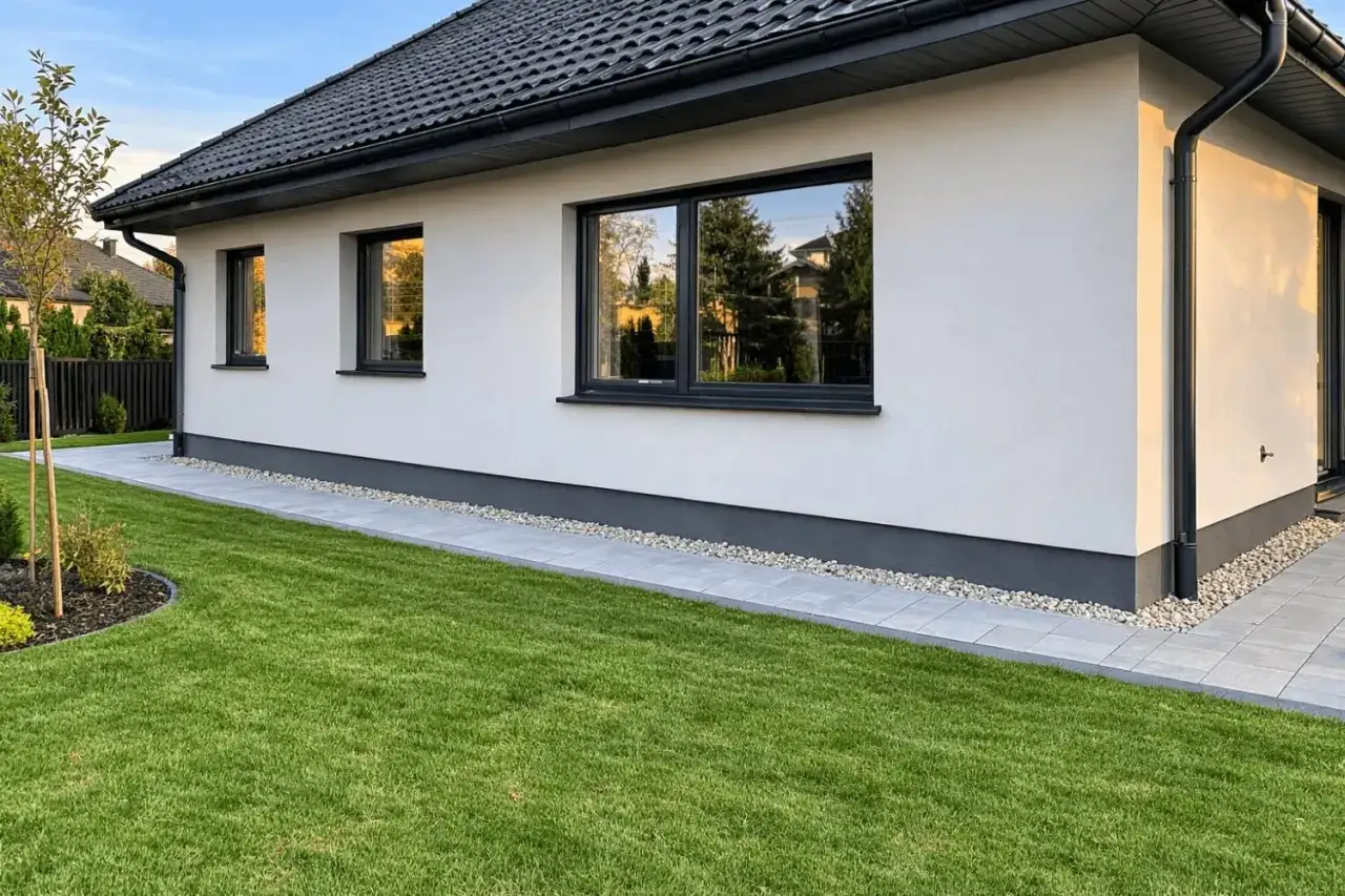Nowoczesny dom z białym tynkiem, czarnym dachem i oknami. Wok&oacute;ł domu inspiracje: ścieżka z płyt, żwir i zadbany trawnik.