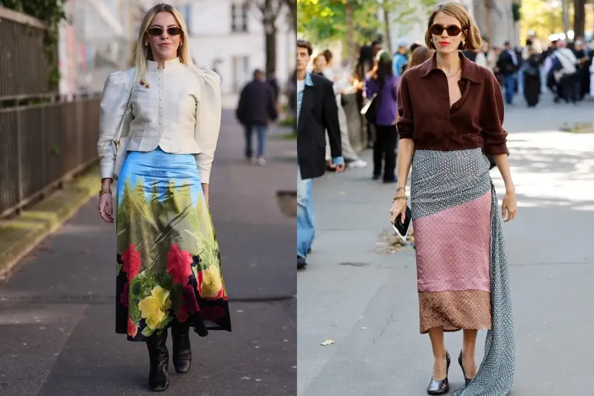 Dwie kobiety prezentują stylowe stylizacje ze sp&oacute;dnicą: jedna w kwiecistą, długa sp&oacute;dnicę, druga w patchworkową.
