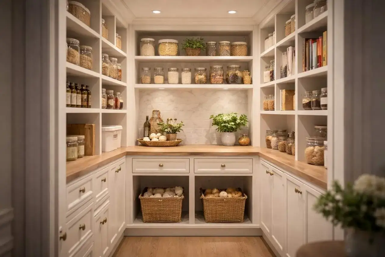 Jasna kuchnia z ukrytą spiżarnią pełną słoik&oacute;w z przetworami, koszy z warzywami i książek.
