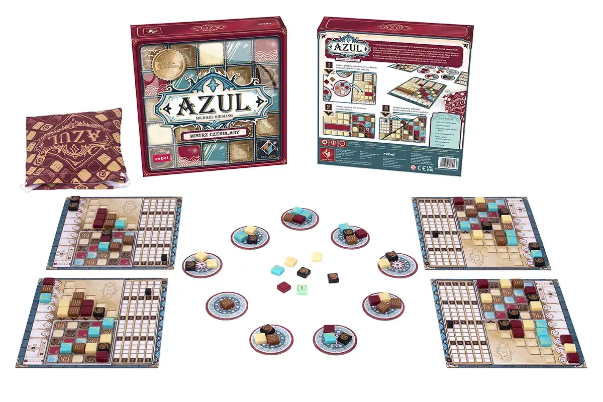Gra planszowa Azul Mistrz Czekolady. Plansze, kostki imitujące czekoladki i woreczek na elementy.