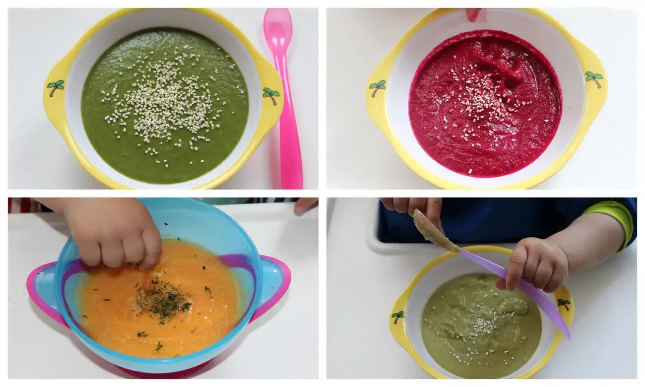 Kolorowe zupki dla malucha: zielona, buraczkowa, pomarańczowa i kremowa. Zupa buraczkowa dla niemowlaka to jedna z opcji.