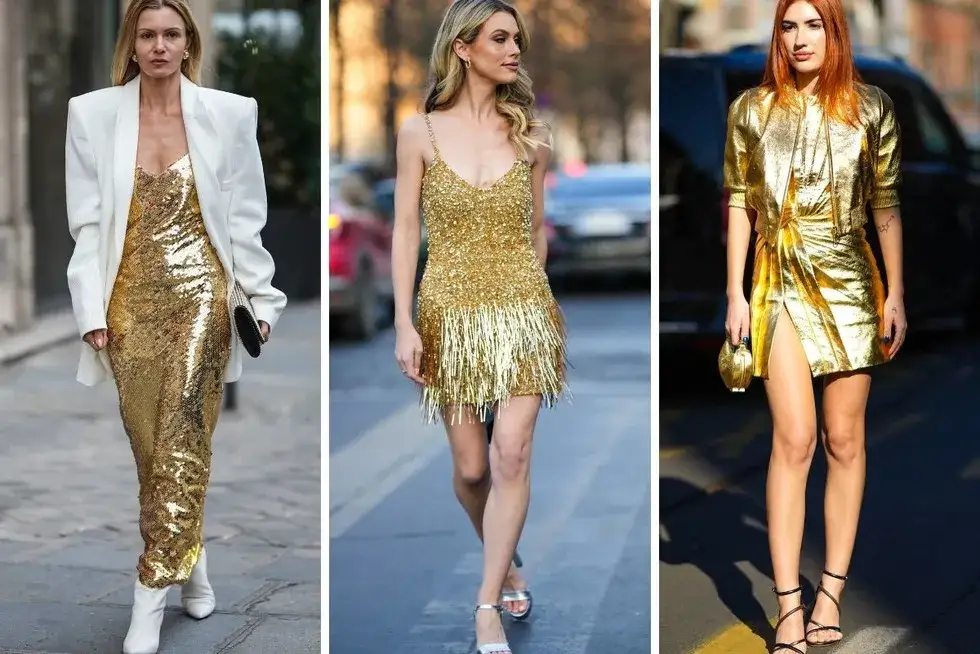 złota sukienka i buty nude czarne złote stylizacje