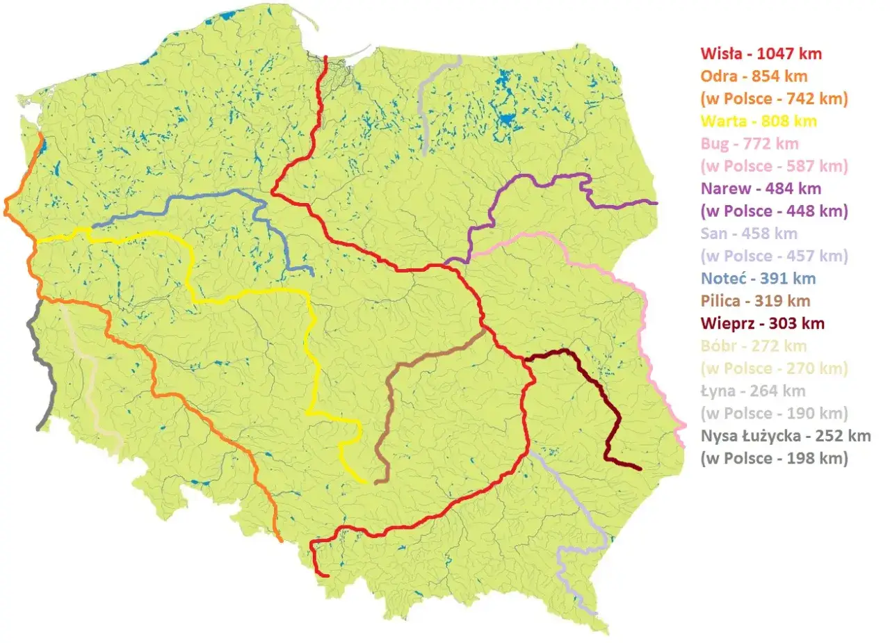 Mapa Polski z gł&oacute;wnymi rzekami