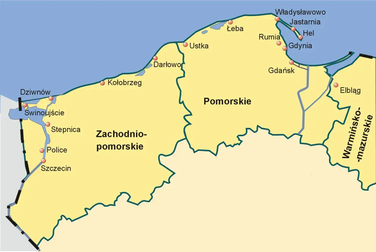 Mapa Polski z zaznaczonym wybrzeżem Bałtyku. Widoczne miasta: Świnoujście, Kołobrzeg, Darłowo, Ustka, Łeba, Władysławowo, Jastarnia, Hel, Gdynia, Gdańsk, Elbląg.