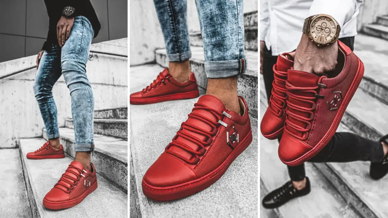 męskie czerwone sneakersy stylizacje