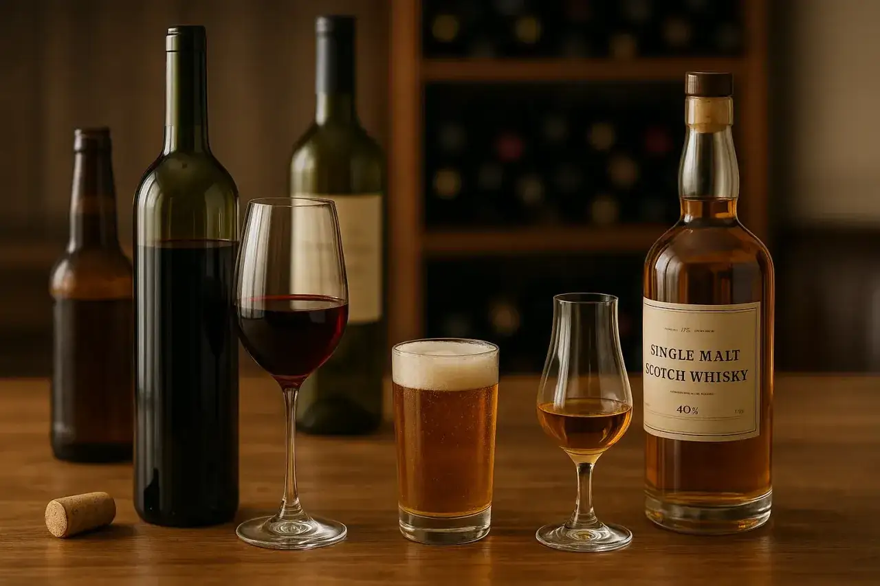 Butelka whisky z wyblakłą etykietą, dowód skutków trzymania jej w nasłonecznionym miejscu. Obok wino, piwo i inne alkohole.