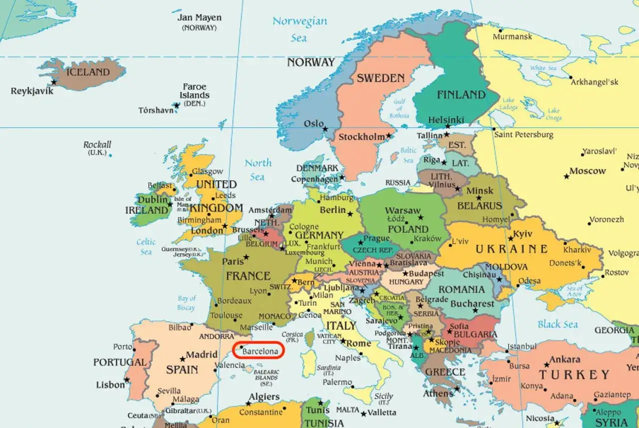 Mapa Europy z zaznaczoną Barceloną