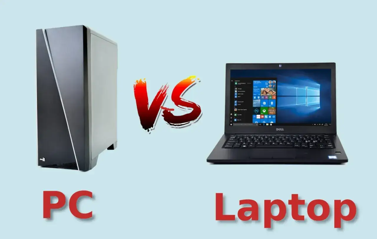 PC kontra laptop: czy laptop to komputer? Obok siebie stoją obudowa komputera stacjonarnego i otwarty laptop z systemem Windows.