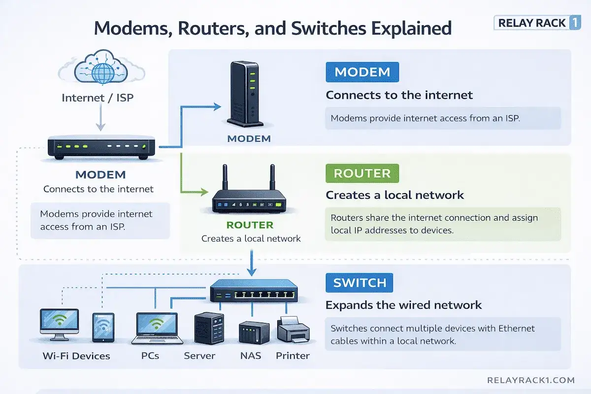 Schemat wyjaśnia, co to jest modem, router i switch. Modem łączy z internetem, router tworzy sieć lokalną, a switch rozszerza sieć przewodową.